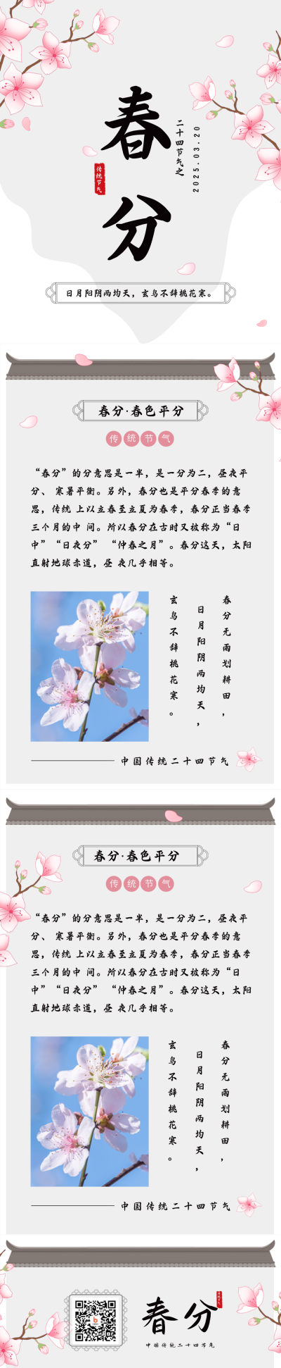 手绘中国桃花春分节气出游踏青长图海报 模板ID：30432
