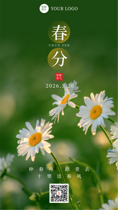 二十四节气春分简约实景绿色雏菊手机海报 模板ID:30598