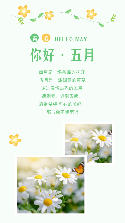 五月你好绿色清新日签竖版配图 模板ID：33073