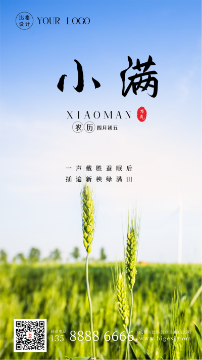 中国二十四节气小满夏季水稻实景手机海报 模板ID：34195
