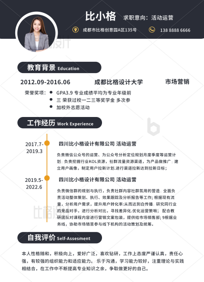 商务运营岗黑白简历 模板ID:34245