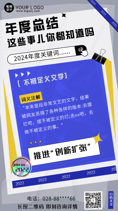 蓝色扁平风网络热词年度总结手机海报 模板ID：40032