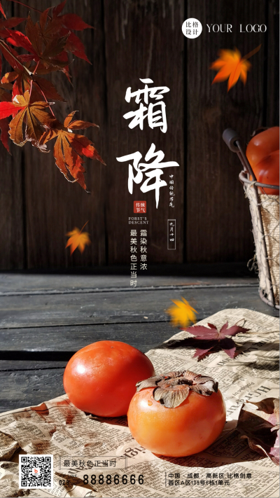 简约实景中国传统二十四节气霜降手机海报 模板ID:40117