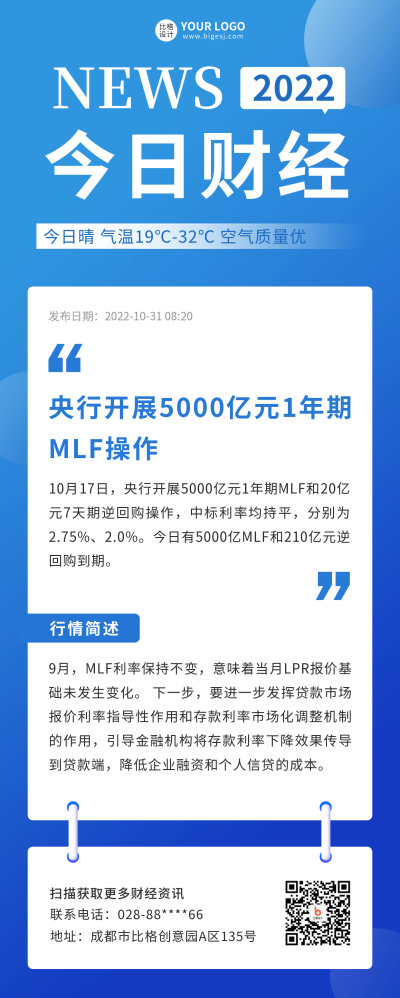 蓝色商务风财经早间晨报长图海报 模板ID：40587