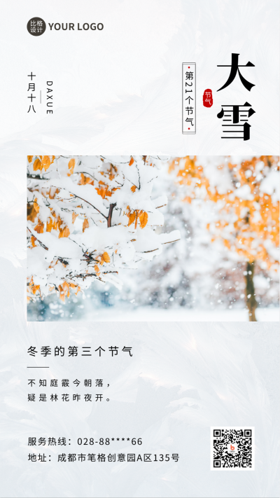 大雪节气简约实景手机海报 模板ID：42530