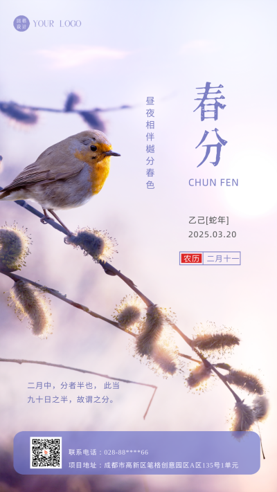 紫色简约实景春分手机海报 模板ID：43163