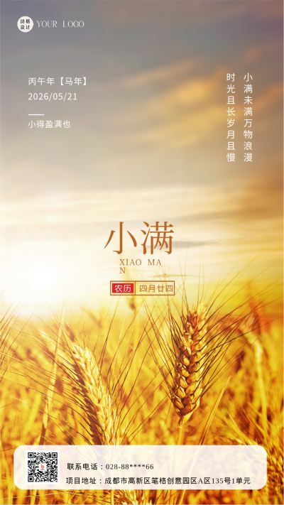 黄色简约风实景麦田小满节气手机海报 模板ID:43164