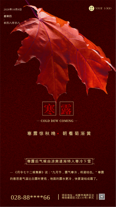 红色简约实景寒露节气手机海报 模板ID:43534