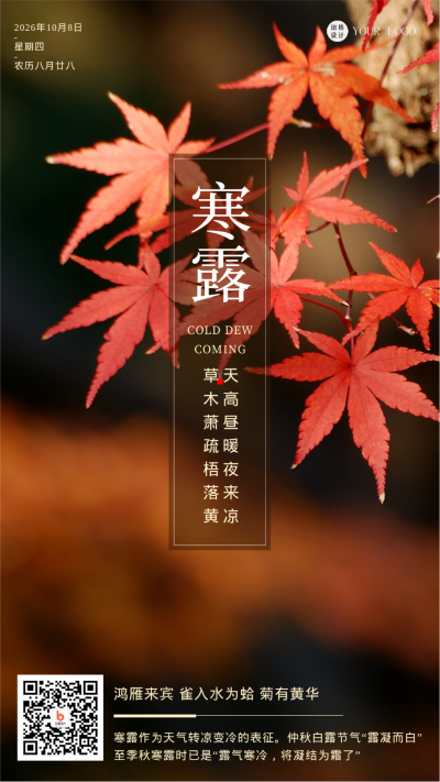 红色简约实景寒露节气手机海报 模板ID:43535