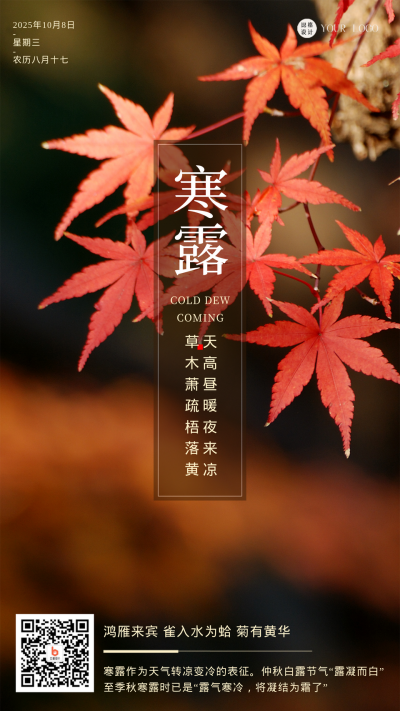 红色简约实景寒露节气手机海报 模板ID:43535