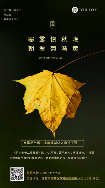 黑色实景简约风寒露节气手机海报 模板ID:43625