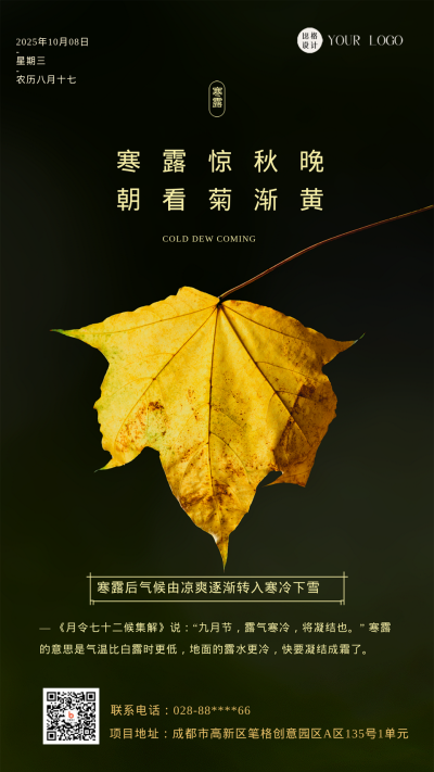 黑色实景简约风寒露节气手机海报 模板ID：43625