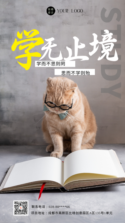 灰色简约实景风学习手机海报 模板ID：43948