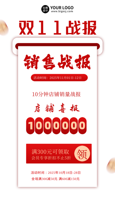 红色喜庆风双十一销售战报手机海报 模板ID：43965