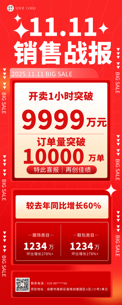 红色喜庆风双十一销售战报长图海报 模板ID:43968