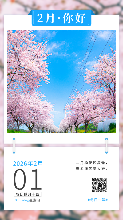 二月你好正能量日签问候手机海报 模板ID:44922