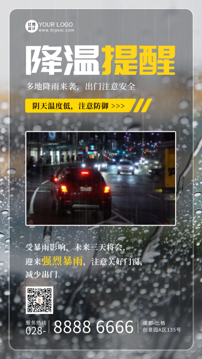 降雨降温提醒指南宣传手机海报 模板ID:45771