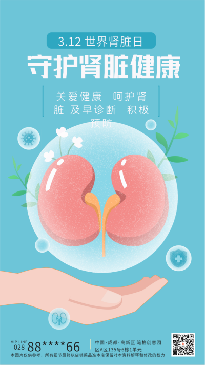 蓝色手绘风世界肾脏日宣传手机海报 模板ID:45907