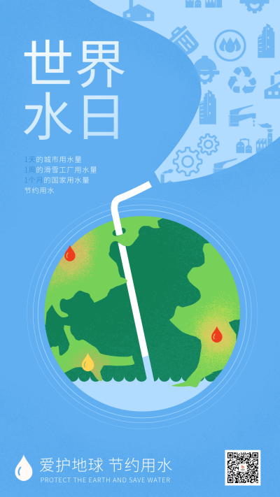 蓝色手绘风世界水日宣传手机海报 模板ID:48387