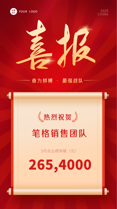 红色简约风销售战绩喜报手机海报 模板ID：48836