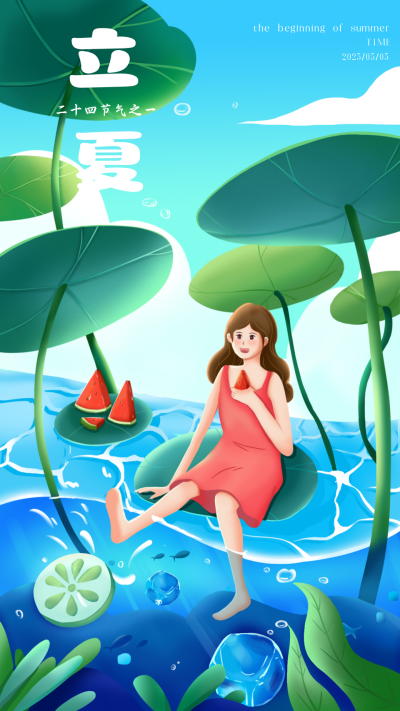 蓝色手绘风立夏宣传手机海报 模板ID:49665