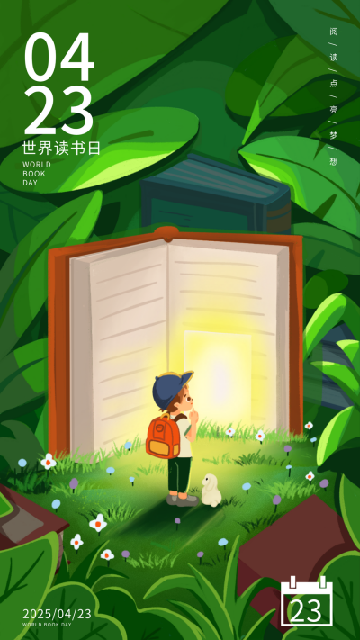 绿色手绘风世界读书日宣传手机海报 模板ID：50375
