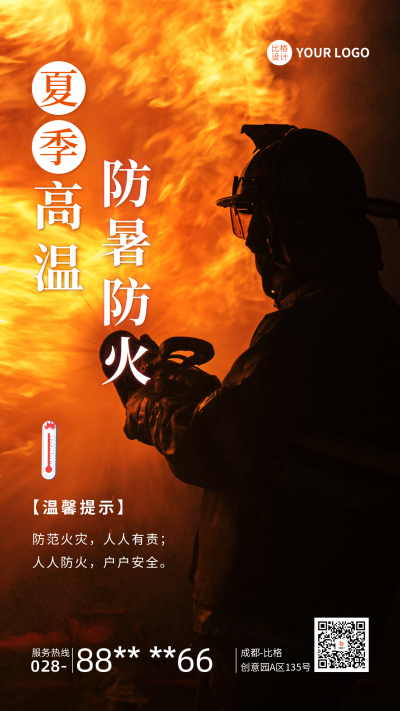 夏季高温防暑防火宣传手机海报 模板ID：54996