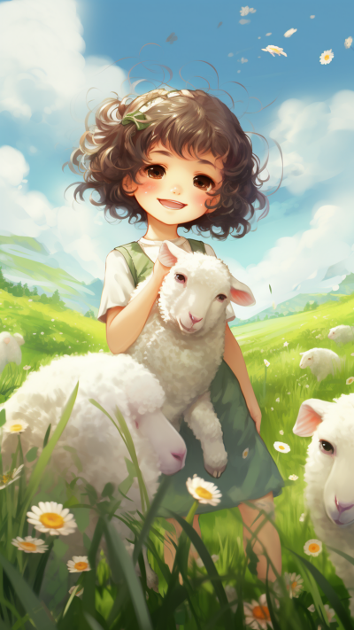 草地放羊女孩手机壁纸 模板ID：58736