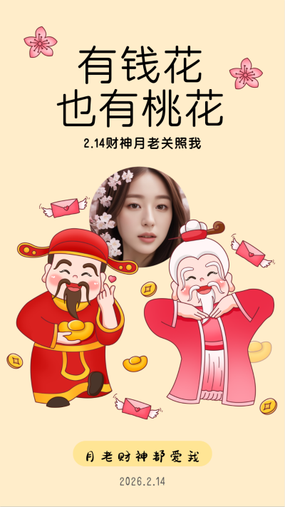正月初五迎财神情人节月老宣传海报 模板ID：62910