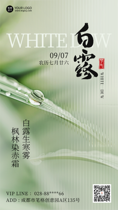 白露节气水珠实景海报 模板ID：69654