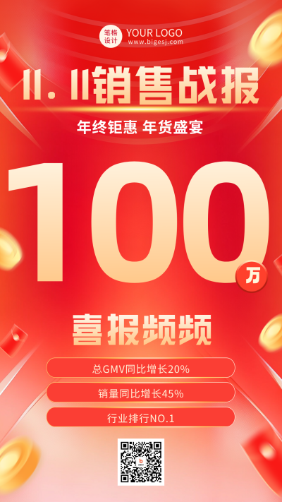 双十一销售喜报表彰海报 模板ID:71177