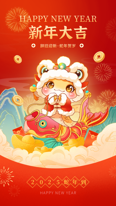 蛇年春节新年手绘祝福宣传海报 模板ID：74231