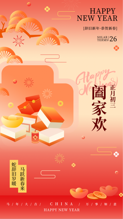 新年春节习俗正月初三阖家欢传统习俗海报 模板ID：74637