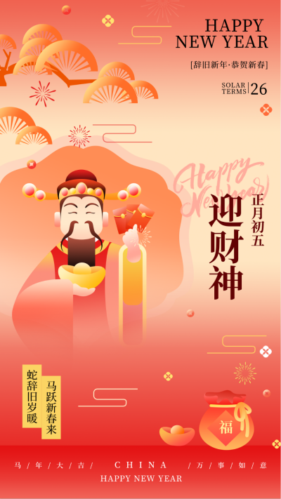 新年春节习俗正月初五迎财神传统习俗海报 模板ID:74640