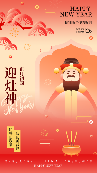 新年春节习俗正月初四迎灶神传统习俗海报 模板ID：74641