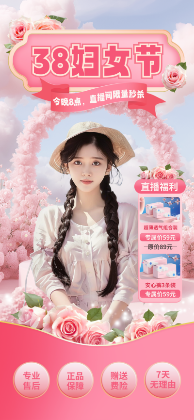 38妇女节优惠卫生巾福利促销实景直播背景 模板ID:759106