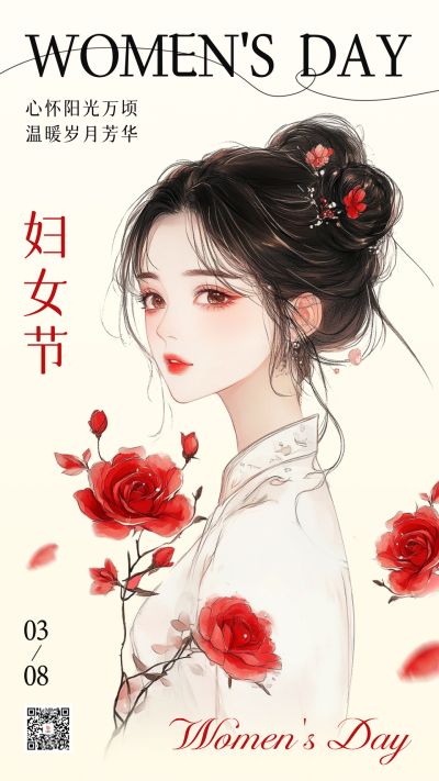 妇女节手绘古风祝福海报 模板ID：759212