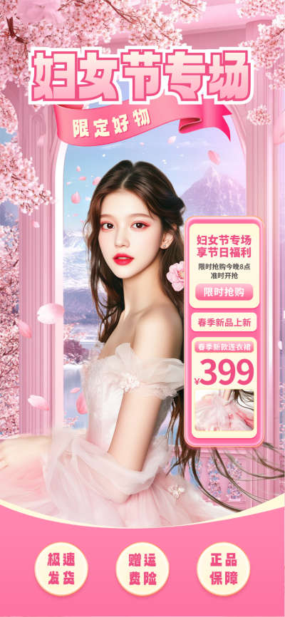 春季妇女节专场促销活动直播背景 模板ID：759317