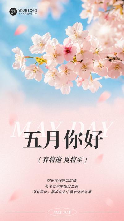 五月你好花朵实景宣传手机海报 模板ID：761377