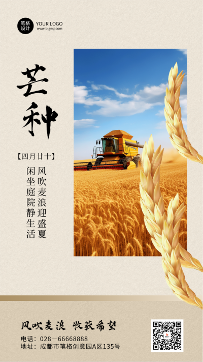 芒种节气简约手机宣传海报 模板ID：763078