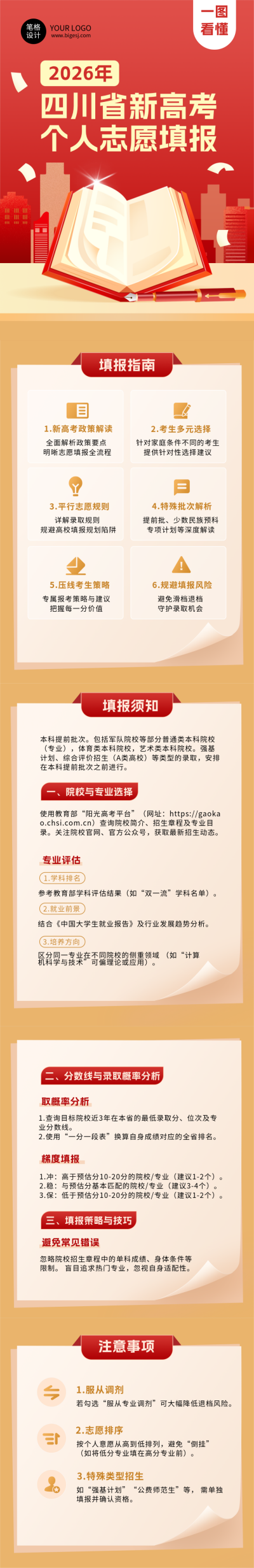高考志愿填报指南红色公众号长图 模板ID：763770