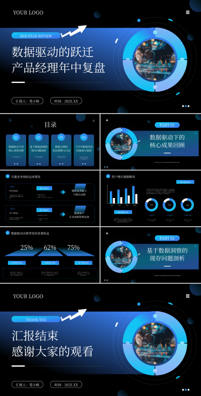 深蓝色科技风岗位工作总结PPT 模板ID:764603