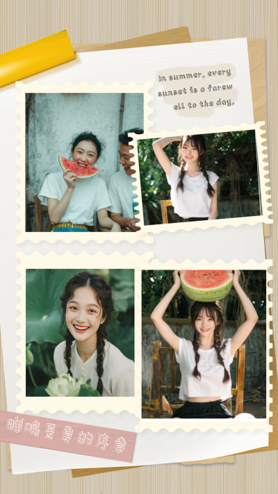 夏季怀旧撕纸风四宫格照片拼图 模板ID：765230