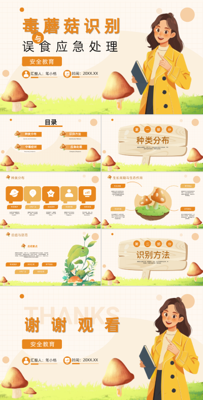 橙色卡通风毒蘑菇识别与误食应急处理PPT 模板ID:766195