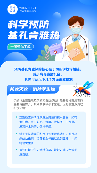 科学预防基孔肯雅热医疗知识科普蓝色宣传海报 模板ID：766785