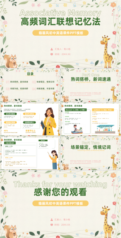 绿色小清新中考英语高频词联想记忆法PPT 模板ID：767695