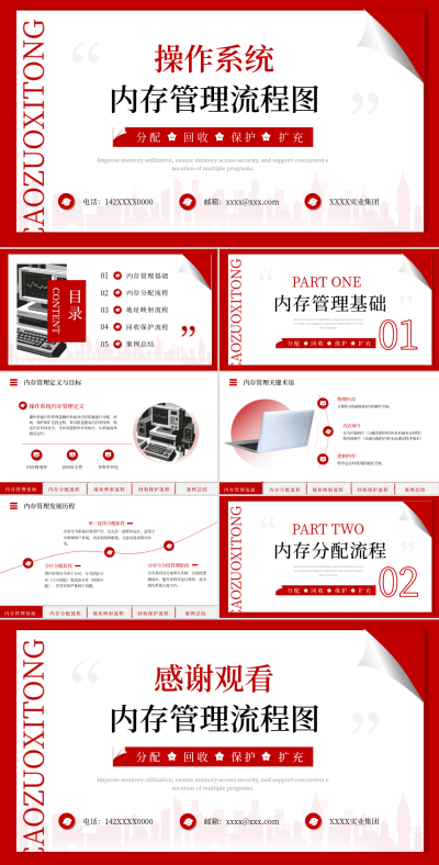 红色学术简约风教学课件考研操作系统内存管理流程图PPT 模板ID:767989