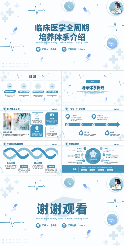 青色学术风临床医学全周期培养体系介绍PPT 模板ID：768134