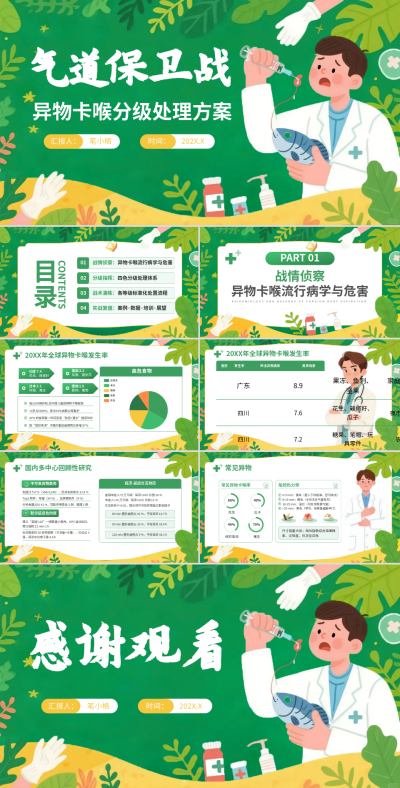 绿色插画风气道保卫战:异物卡喉分级处理方案PPT 模板ID:768278