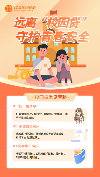 橙色卡通校园贷反诈知识科普海报 模板ID:768449